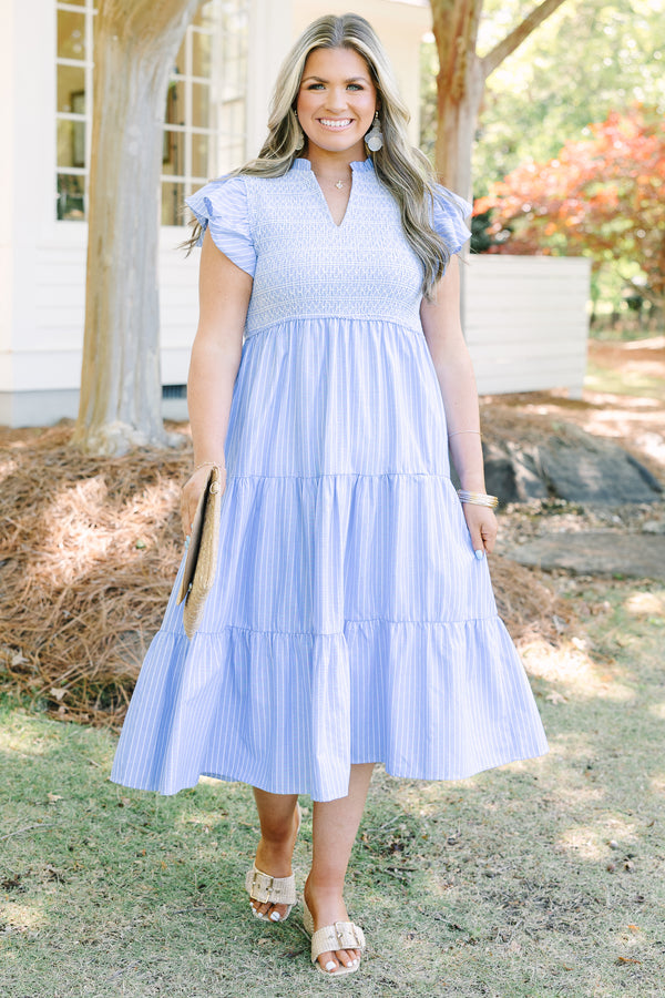 Chic Soul plus size clothing, light blue and white pinstripe tiered maxi dress with ruffle cap sleeves and cinching on the bodice 
