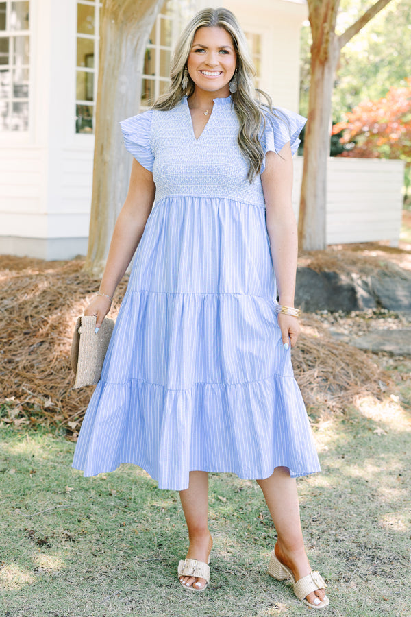 Chic Soul plus size clothing, light blue and white pinstripe tiered maxi dress with ruffle cap sleeves and cinching on the bodice 
