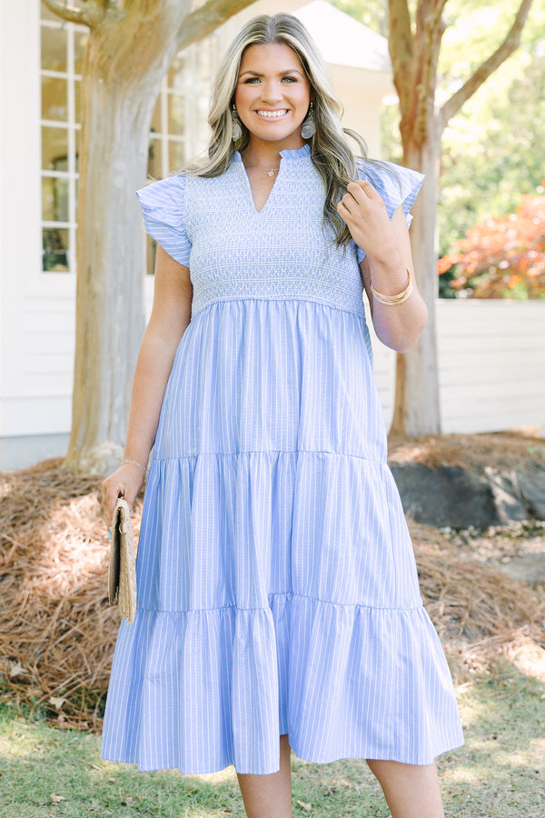 Chic Soul plus size clothing, light blue and white pinstripe tiered maxi dress with ruffle cap sleeves and cinching on the bodice 
