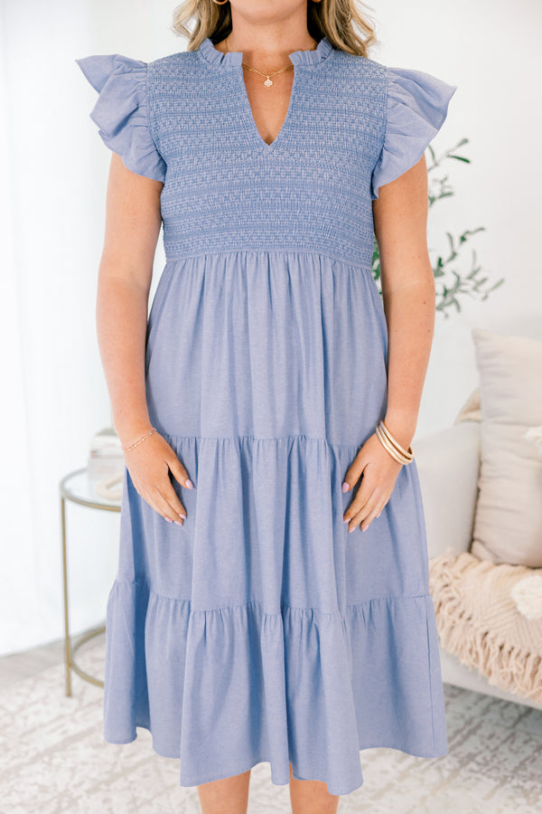 Chic Soul plus size clothing, denim blue flutter sleeve tiered midi dress with rouching on the chest and a v neck cutout 