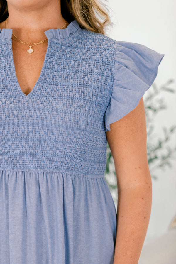Chic Soul plus size clothing, denim blue flutter sleeve tiered midi dress with rouching on the chest and a v neck cutout 
