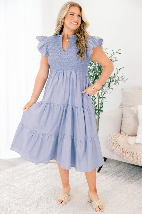 Chic Soul plus size clothing, denim blue flutter sleeve tiered midi dress with rouching on the chest and a v neck cutout 