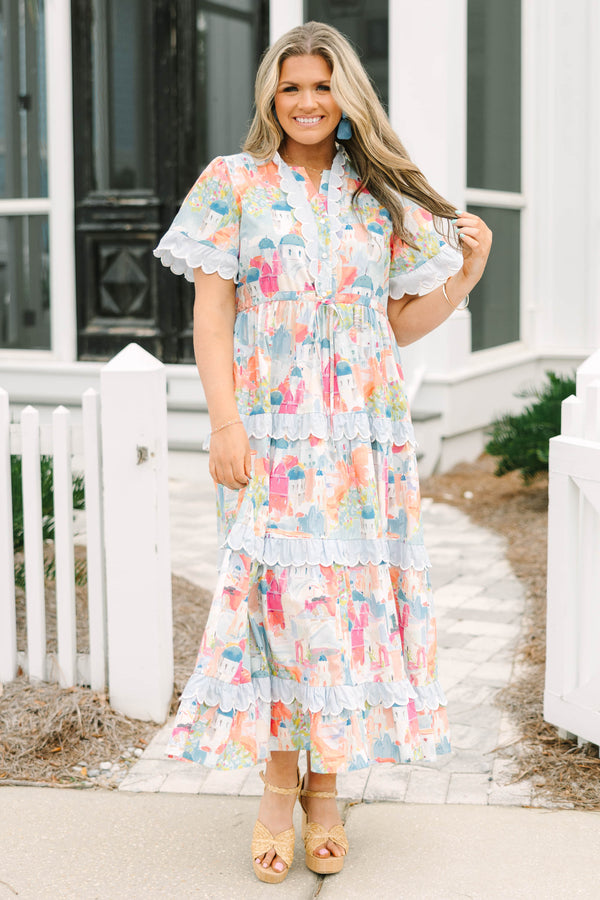 Chic Soul plus size clothing, multi colored cityscape maxi dress with white scallop trim along tiered skirt and the hem of short sleeves and v-neckline
