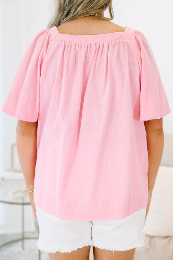 Plus size pink flowy square neck top with flutter sleeves 