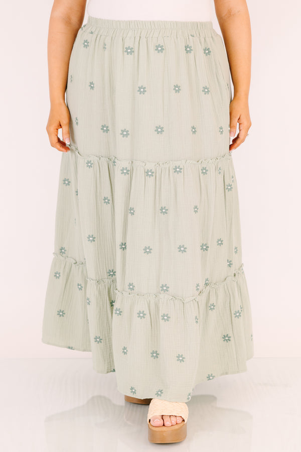 Chic Soul plus size clothing, green tiered maxi skirt with a stretchy waistband and darker green embroidered floral pattern throughout 