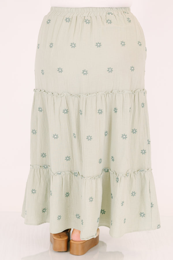 Chic Soul plus size clothing, green tiered maxi skirt with a stretchy waistband and darker green embroidered floral pattern throughout 