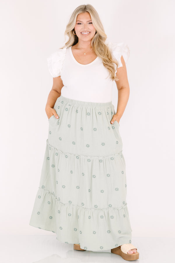 Chic Soul plus size clothing, green tiered maxi skirt with a stretchy waistband and darker green embroidered floral pattern throughout 