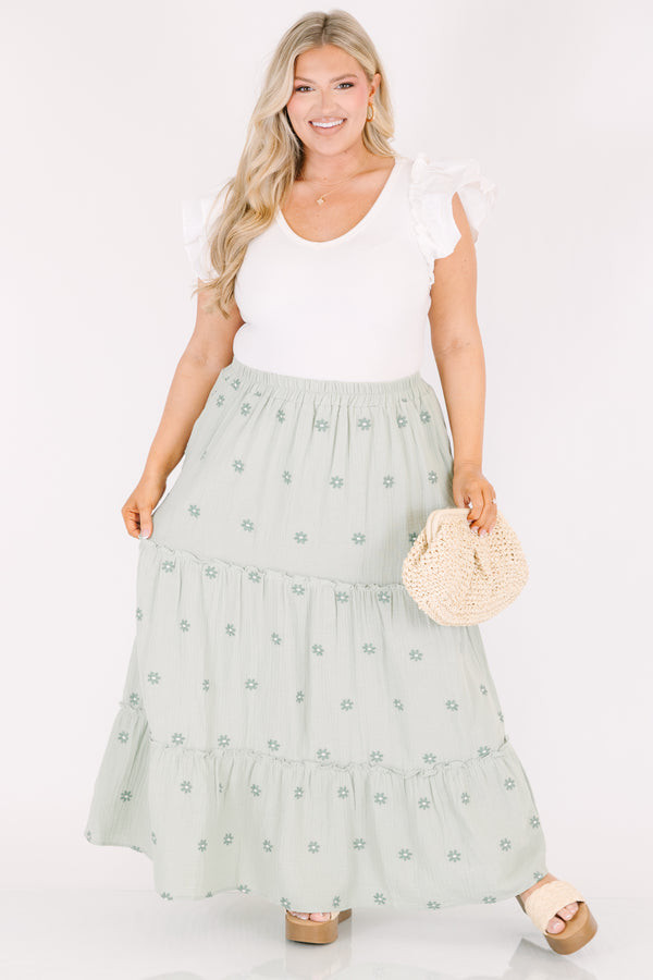 Chic Soul plus size clothing, green tiered maxi skirt with a stretchy waistband and darker green embroidered floral pattern throughout 