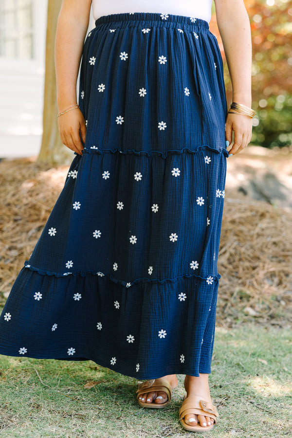 Chic Soul plus size clothing, navy tiered maxi skirt with elastic waistband and small white embroidered flowers