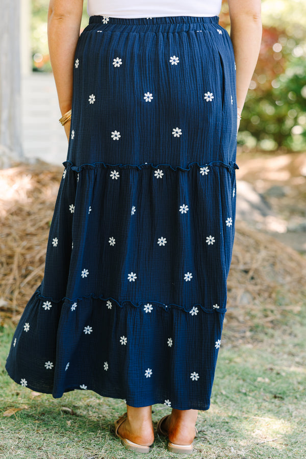 Chic Soul plus size clothing, navy tiered maxi skirt with elastic waistband and small white embroidered flowers