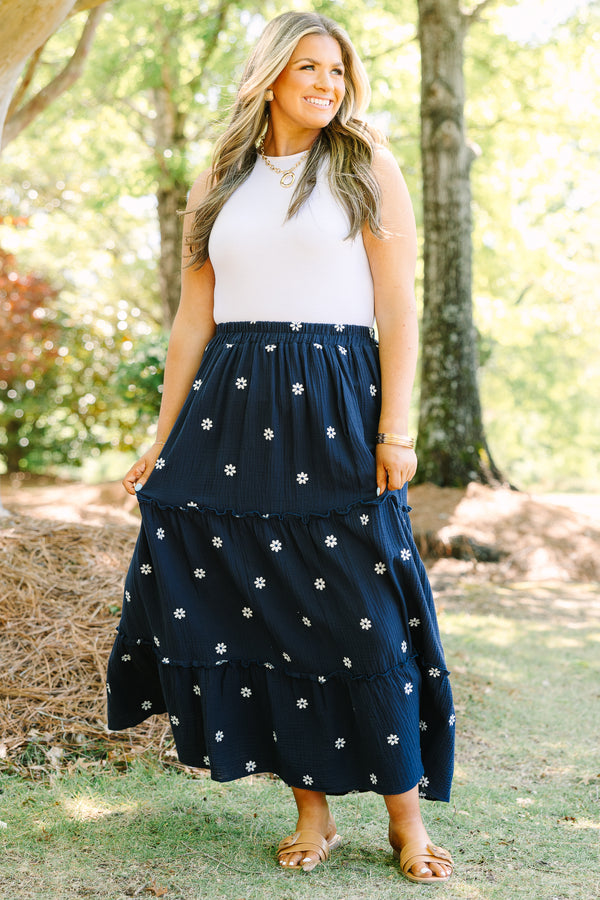 Chic Soul plus size clothing, navy tiered maxi skirt with elastic waistband and small white embroidered flowers
