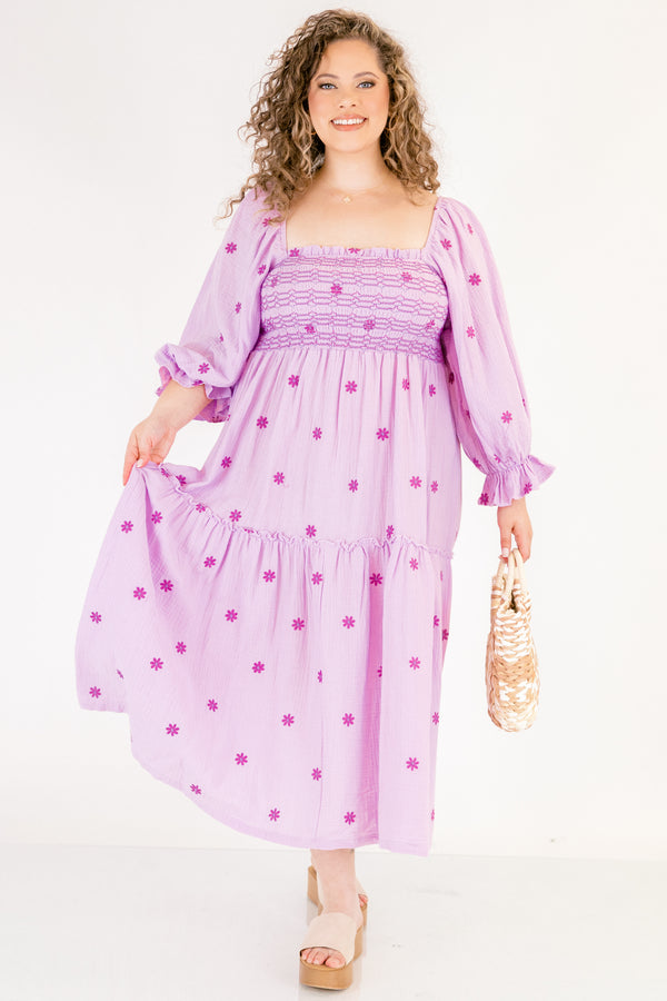 Chic Soul plus size clothing, light lilac purple long sleeve square neck tiered maxi dress with rouching on the chest and cinching on the end of the sleeves with dark purple small flowers