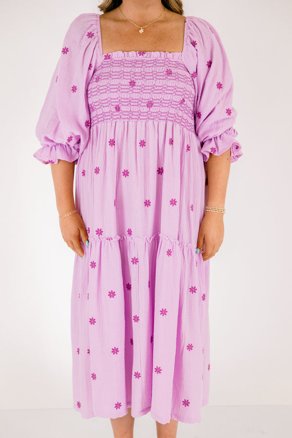 Chic Soul plus size clothing, light lilac purple long sleeve square neck tiered maxi dress with rouching on the chest and cinching on the end of the sleeves with dark purple small flowers