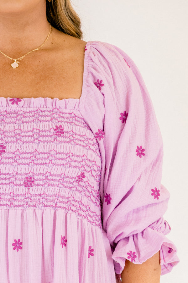 Chic Soul plus size clothing, light lilac purple long sleeve square neck tiered maxi dress with rouching on the chest and cinching on the end of the sleeves with dark purple small flowers