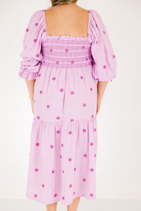 Chic Soul plus size clothing, light lilac purple long sleeve square neck tiered maxi dress with rouching on the chest and cinching on the end of the sleeves with dark purple small flowers