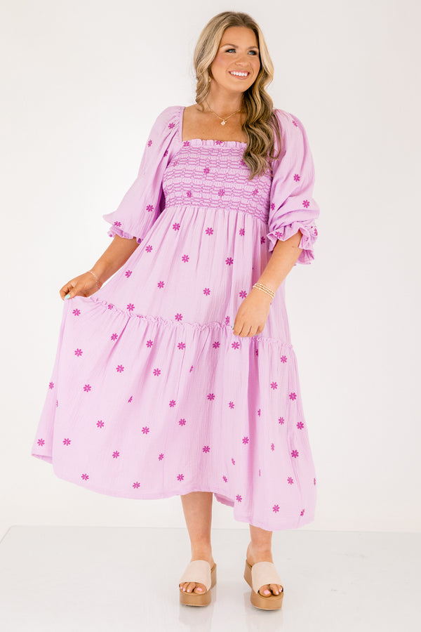 Chic Soul plus size clothing, light lilac purple long sleeve square neck tiered maxi dress with rouching on the chest and cinching on the end of the sleeves with dark purple small flowers