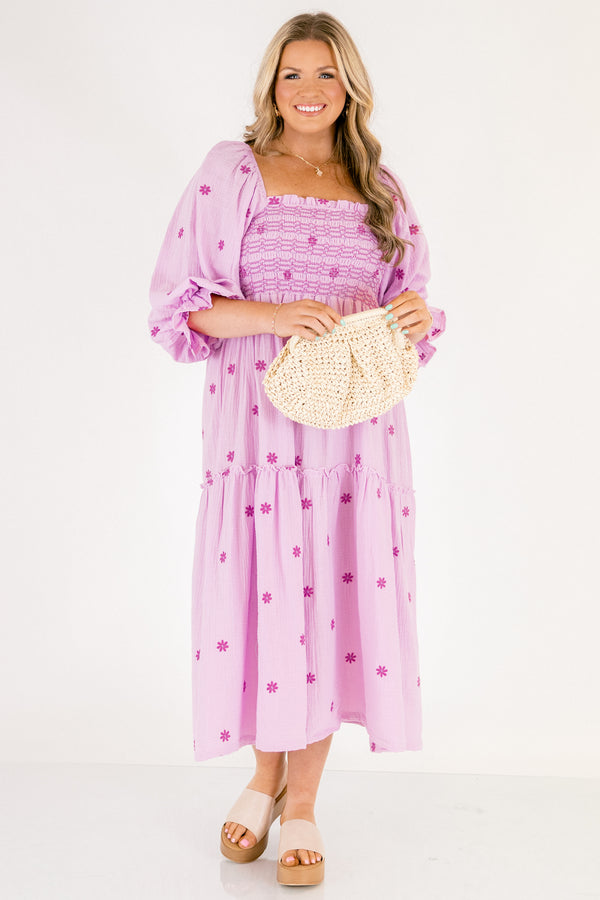 Chic Soul plus size clothing, light lilac purple long sleeve square neck tiered maxi dress with rouching on the chest and cinching on the end of the sleeves with dark purple small flowers