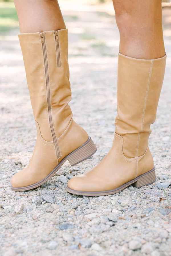Plus Size camel-colored knee-high boots with a side zipper, low block heel, and round toe.