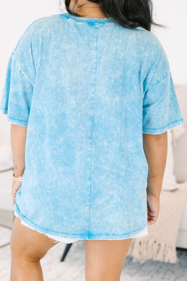 Plus Size relaxed acid wash tee in deep sky blue with leopard print Lake Days graphic.