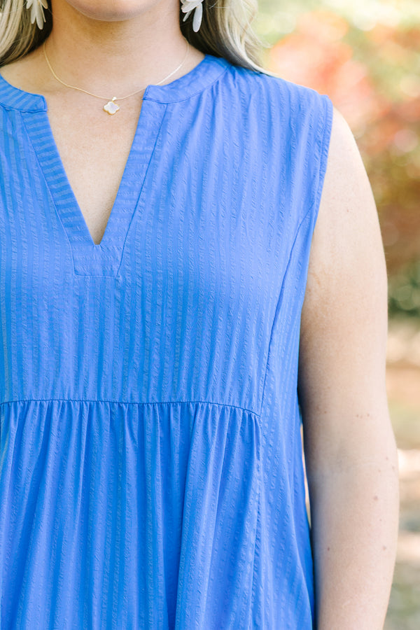 Chic Soul plus size clothing, cobalt blue sleeveless tiered baby doll dress with a deep v neckline
