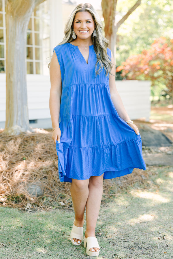 Chic Soul plus size clothing, cobalt blue sleeveless tiered baby doll dress with a deep v neckline
