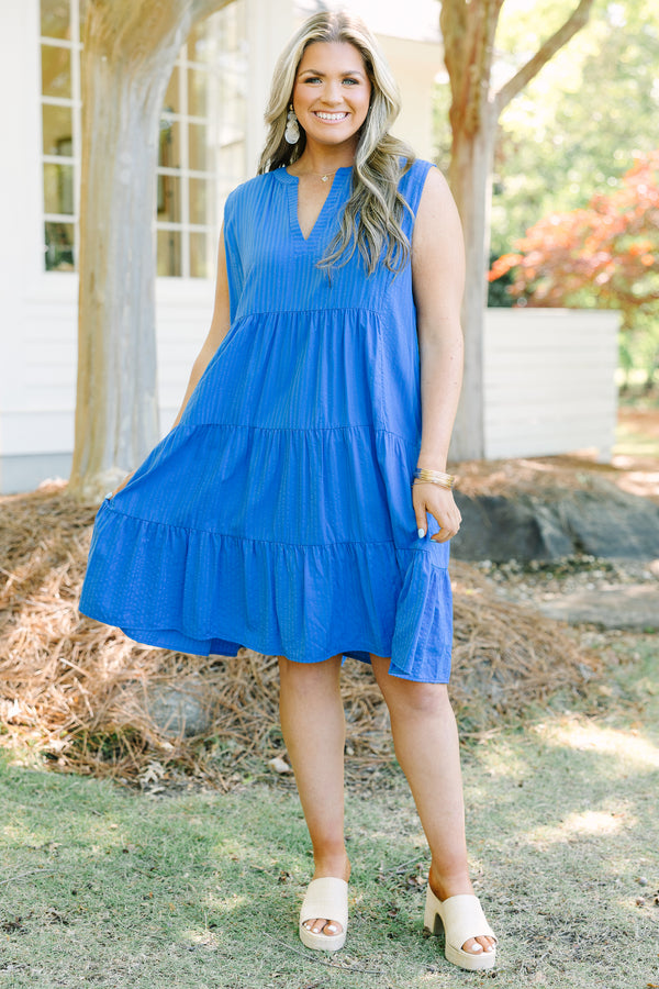 Chic Soul plus size clothing, cobalt blue sleeveless tiered baby doll dress with a deep v neckline
