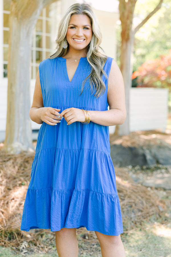 Chic Soul plus size clothing, cobalt blue sleeveless tiered baby doll dress with a deep v neckline
