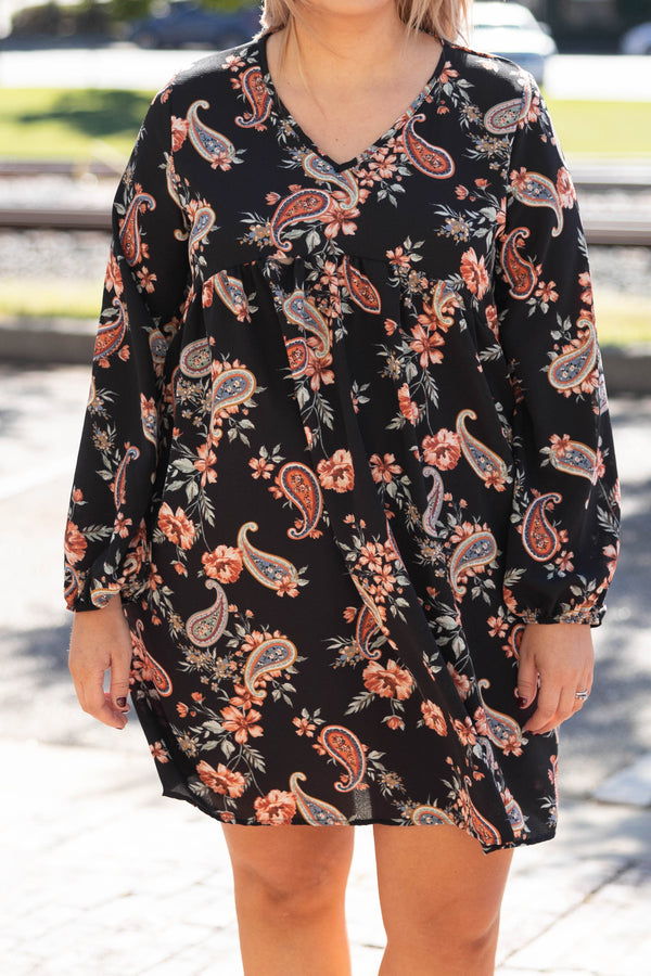 Black, Multi, Dress, Casual, Paisley, Bubble Sleeve, Long Sleeve