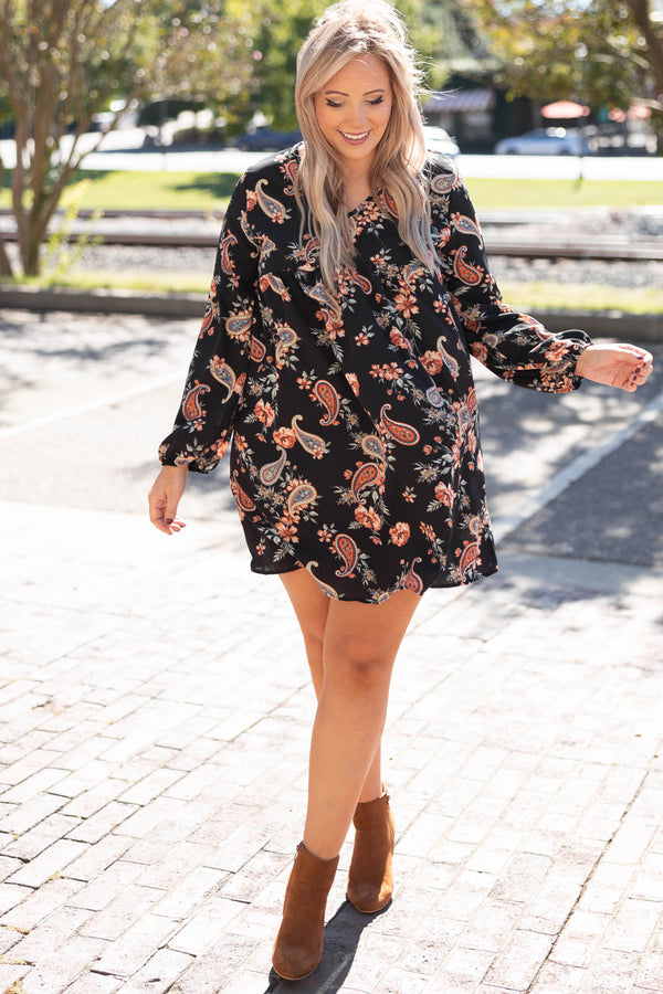 Black, Multi, Dress, Casual, Paisley, Bubble Sleeve, Long Sleeve