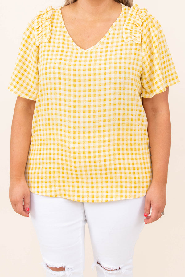 top, casual, babydoll, yellow, gingham, short sleeve