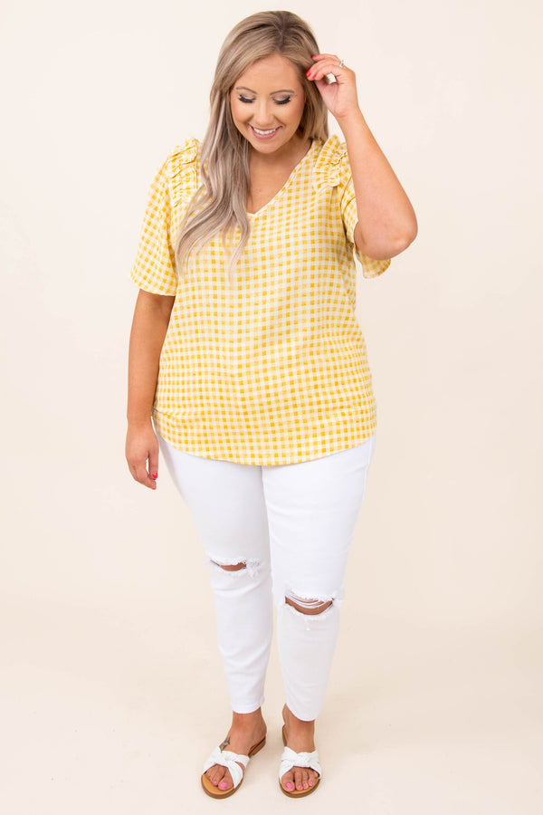 top, casual, babydoll, yellow, gingham, short sleeve