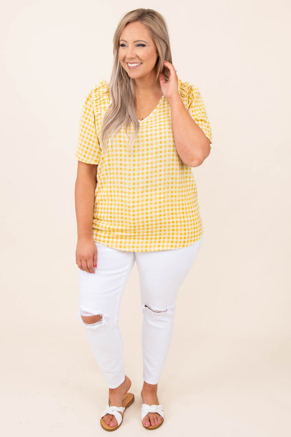top, casual, babydoll, yellow, gingham, short sleeve
