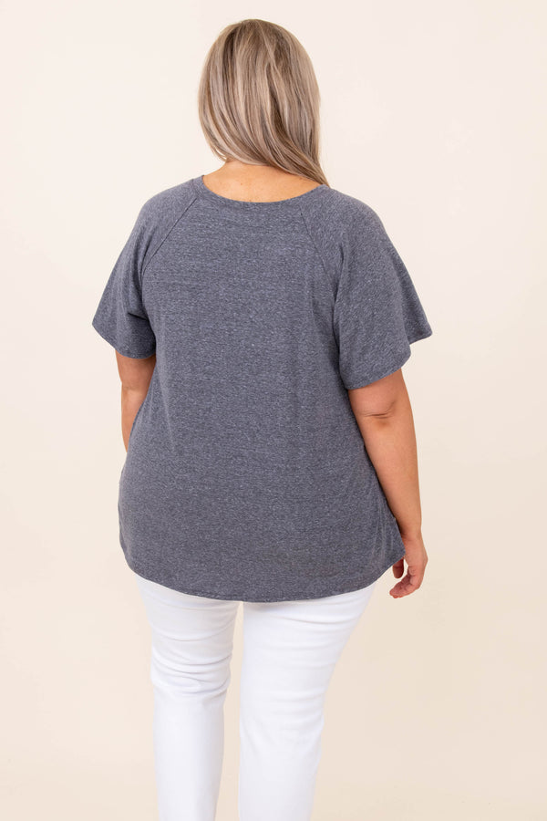 top, basic, gray, charcoal, solid, short sleeve, pocket