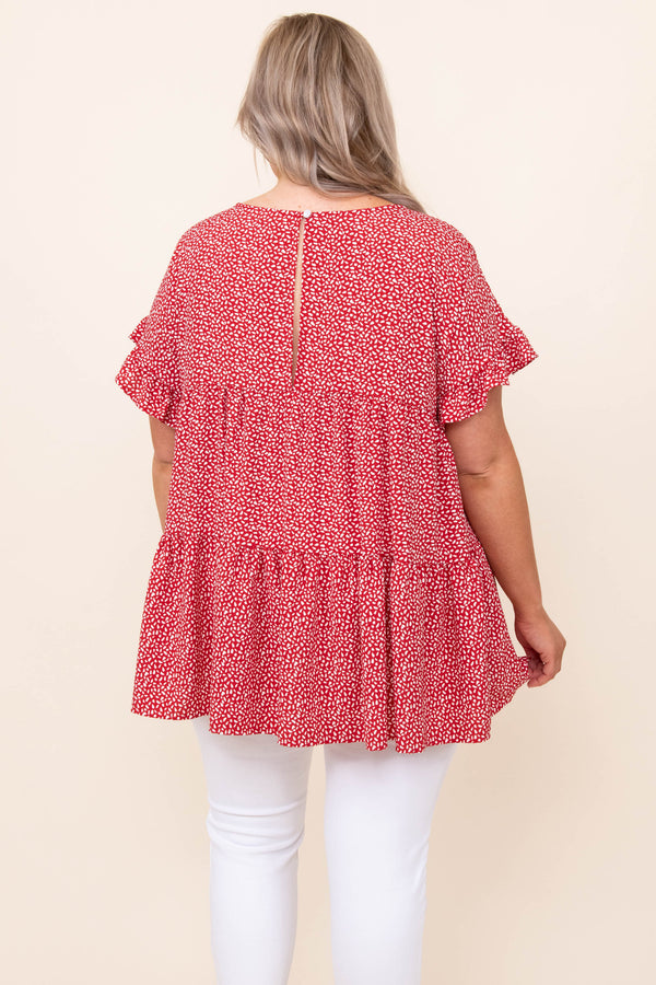top, blouse, red, polka dot, ruffle, flowy 
