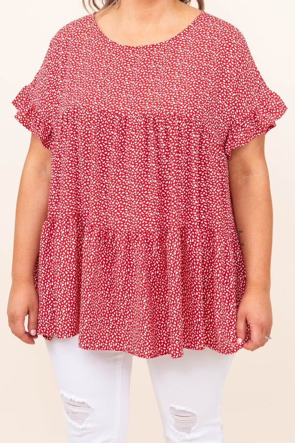top, blouse, red, polka dot, ruffle, flowy 