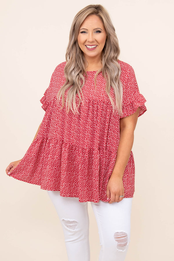 top, blouse, red, polka dot, ruffle, flowy 