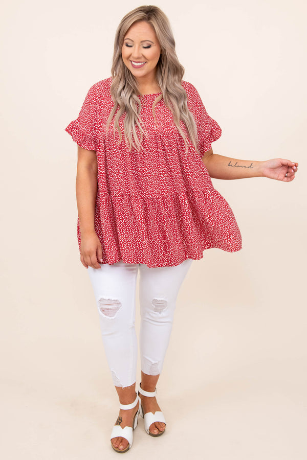 top, blouse, red, polka dot, ruffle, flowy 