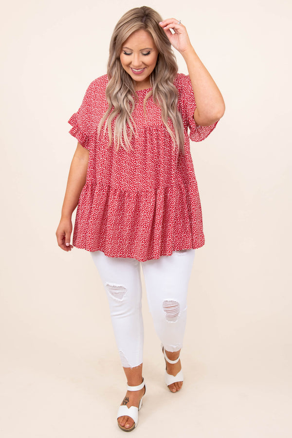 top, blouse, red, polka dot, ruffle, flowy 