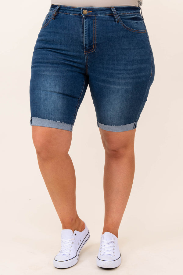 bottoms, shorts, blue, medium wash, solid, bermuda