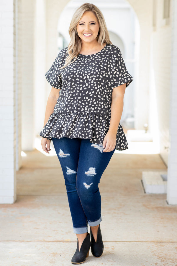 top, babydoll top, casual, gray, leopard, short sleeve, ruffle, titanium, cream, spots