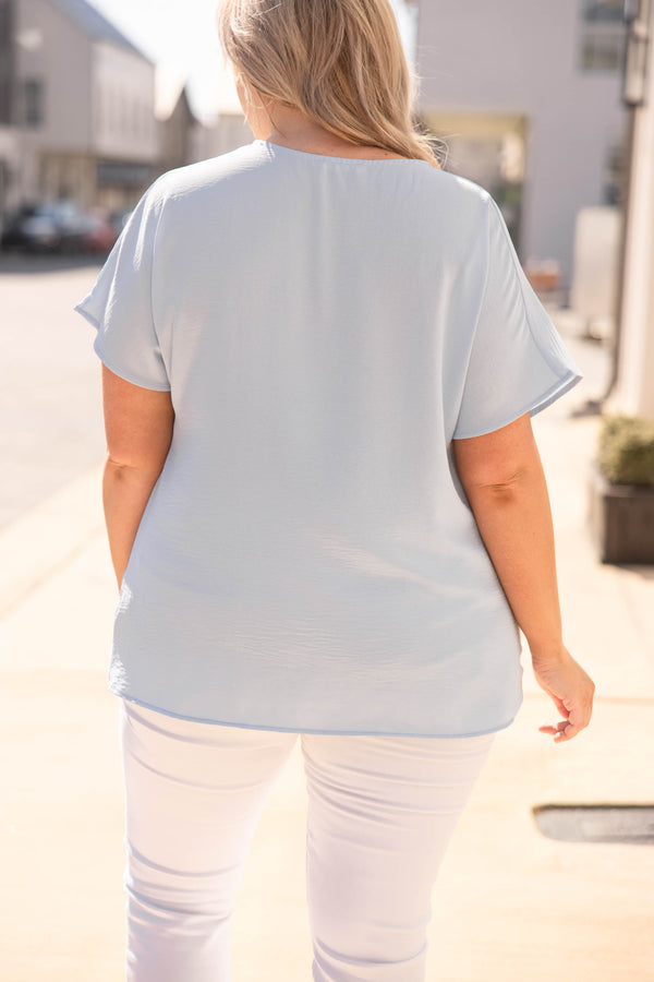 top, shirt, blouse, blue, solid, short sleeve, powder blue, knot