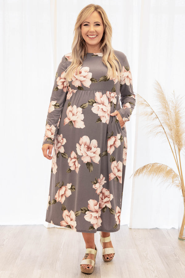 Midi Dress, Floral, Gray, Long Sleeve, Pockets, Flowy
