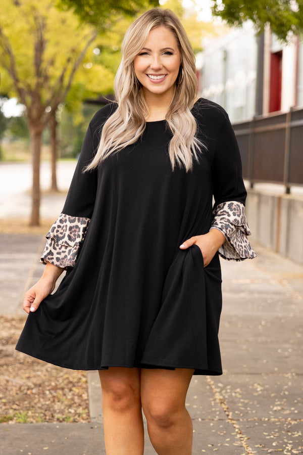 dresses, long sleeve, leopard, ruffle, casual, black