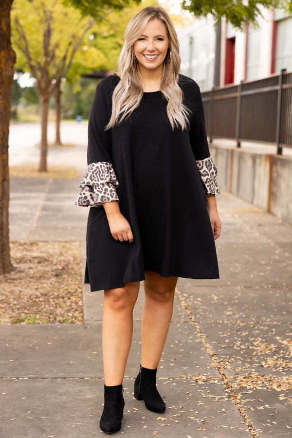dresses, long sleeve, leopard, ruffle, casual, black