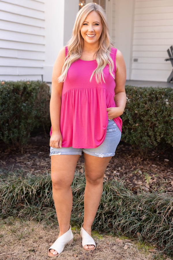 Plus Size fuchsia babydoll tank top with a scoop neckline and gathered waist in soft rayon fabric.