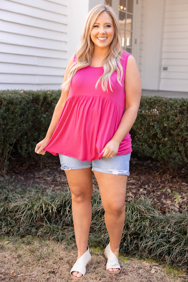Plus Size fuchsia babydoll tank top with a scoop neckline and gathered waist in soft rayon fabric.