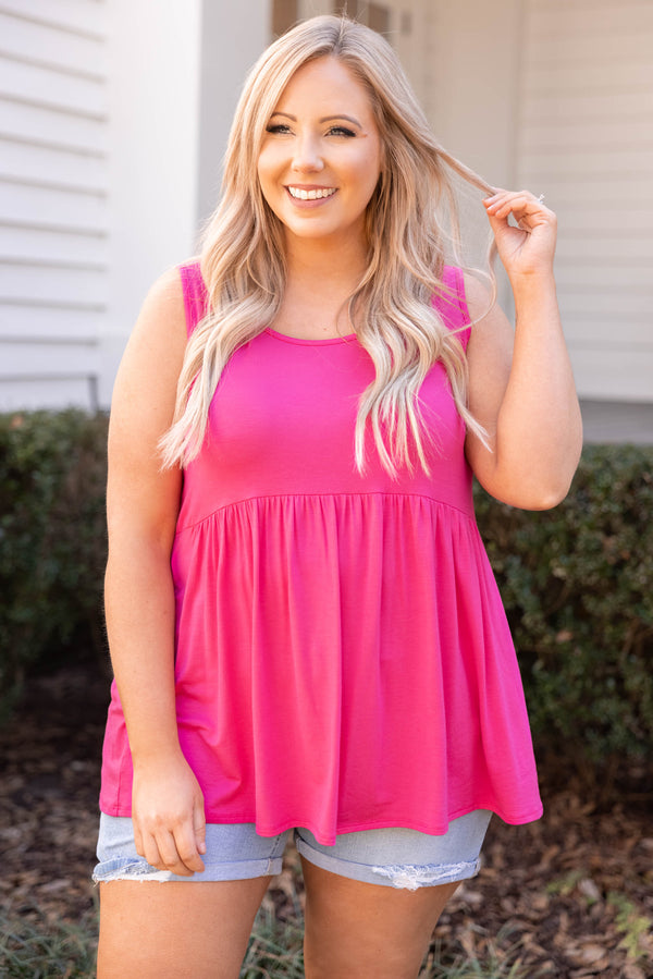 Plus Size fuchsia babydoll tank top with a scoop neckline and gathered waist in soft rayon fabric.