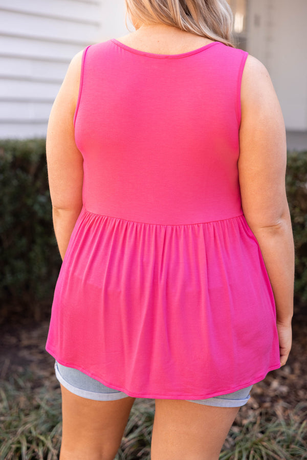 Plus Size fuchsia babydoll tank top with a scoop neckline and gathered waist in soft rayon fabric.