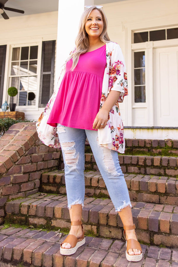 Plus Size fuchsia babydoll tank top with a scoop neckline and gathered waist in soft rayon fabric.