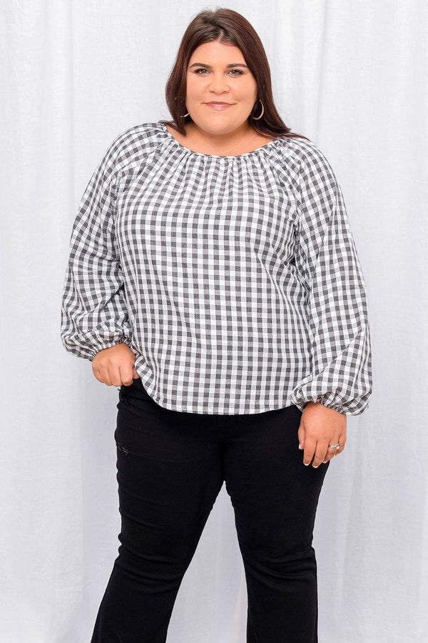 Plus Size charcoal and white gingham blouse with a gathered neckline and long puff sleeves.